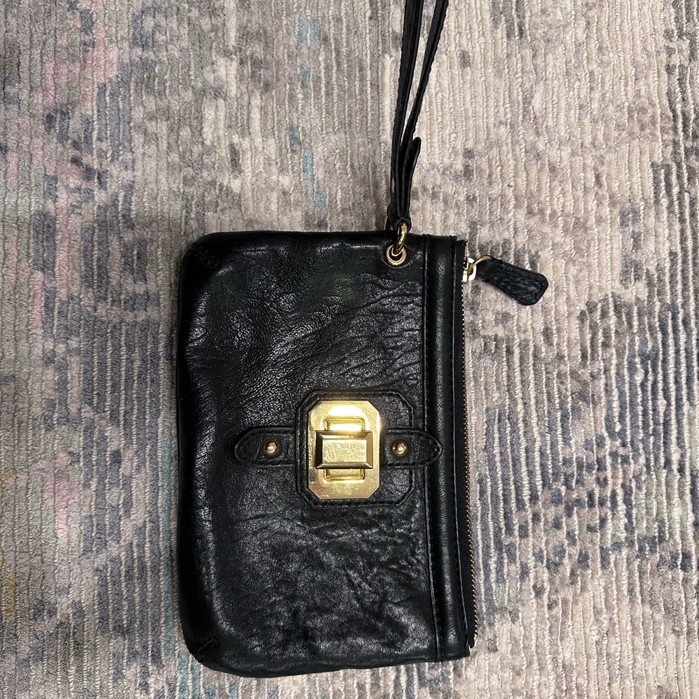 Juicy Couture Black Leather Wristlet with Gold Clasp